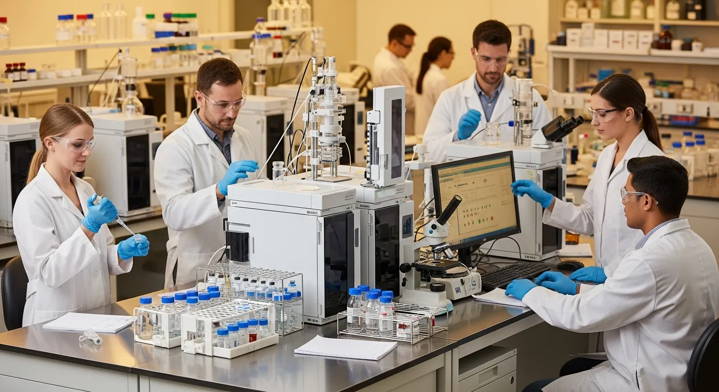 Australian research scientists working with peptides in a modern laboratory, HPLC equipment and peptide vials visible
