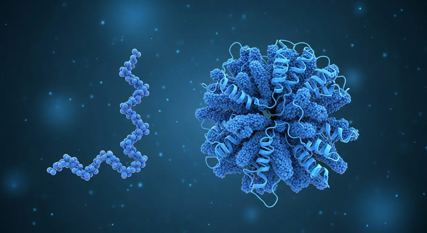 Peptides versus proteins molecular comparison, amino acid chain structures showing size and complexity differences in research applications
