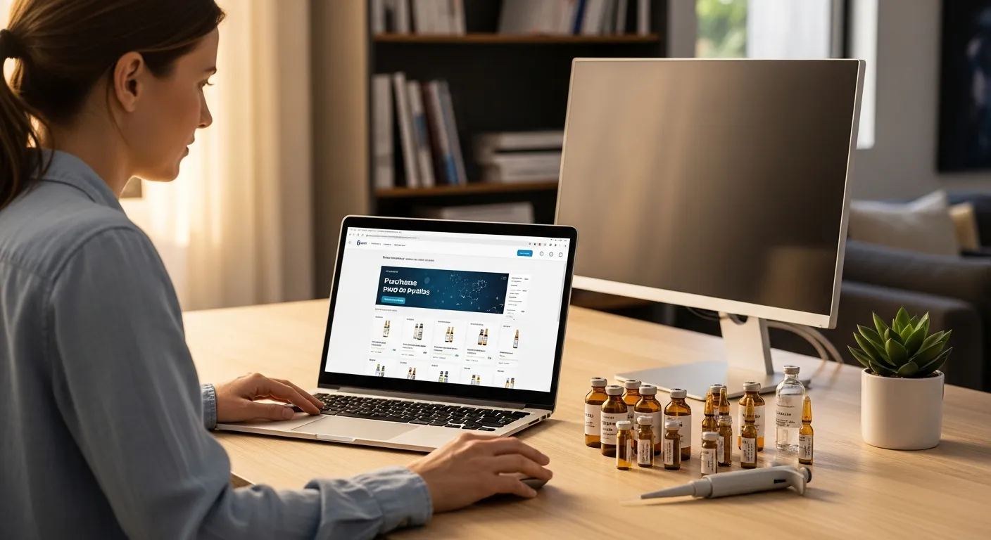 Researcher buying research peptides online in Australia, modern laboratory setting with peptide vials and laptop showing OzTideLab store