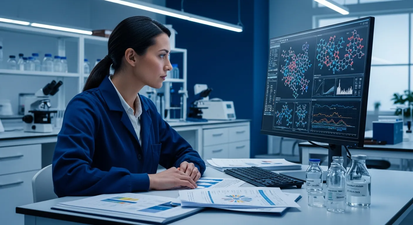 Researcher examining peptide data and HPLC results in Australian laboratory, frequently asked questions about research peptides